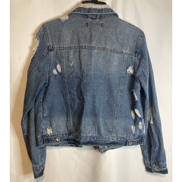Boho Denim Jacket M Blue Jean Distressed Grunge Y2K Staple CI SONO - Picture 8 of 11